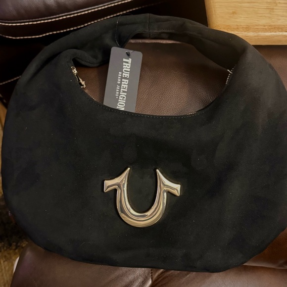True Religion Black Suede Bag with Gold Emblem(shoulder, wrist or handheld) - Picture 1 of 5